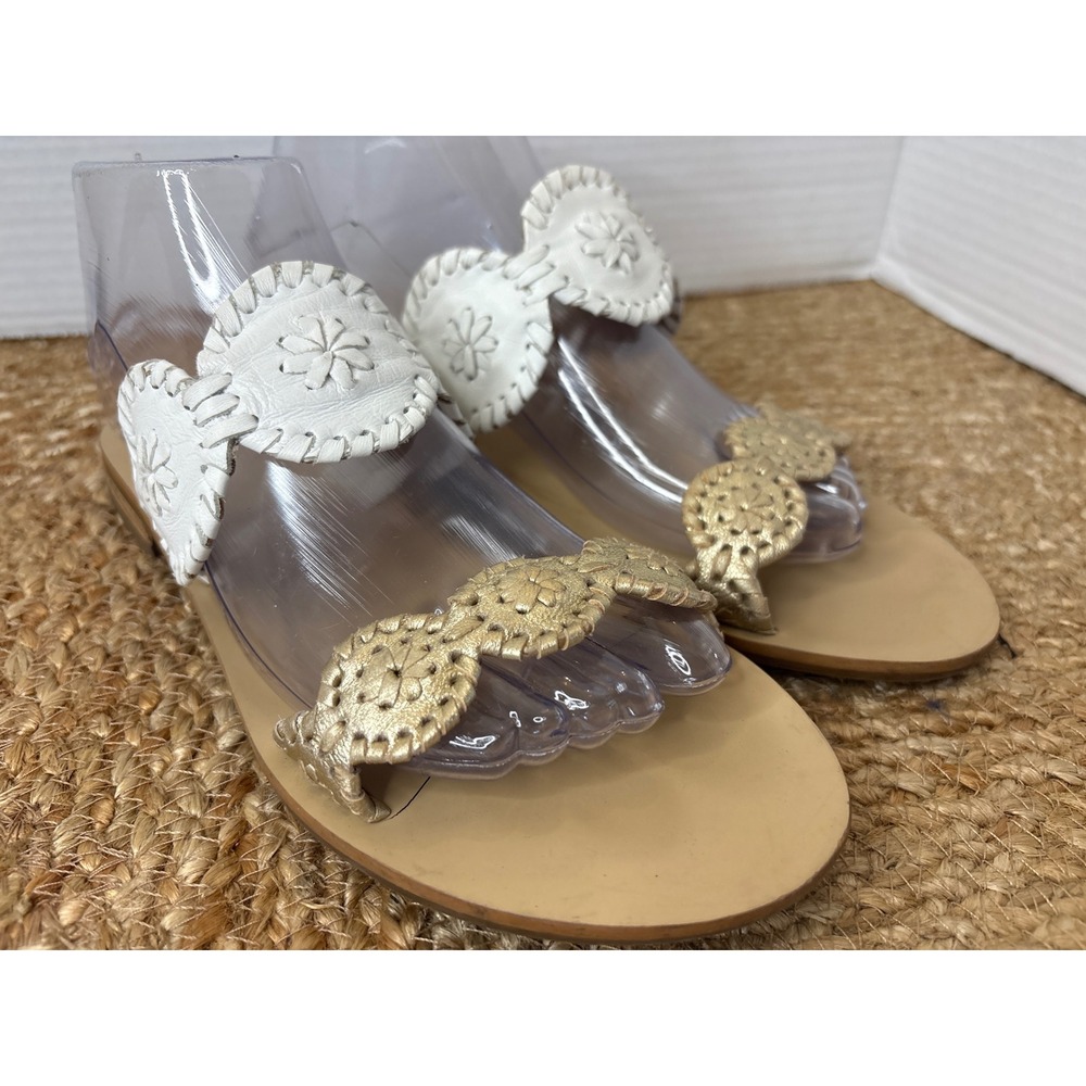 Jack Rogers Size 9 Georgica Sandals White Gold Leather Whipstitch Slides